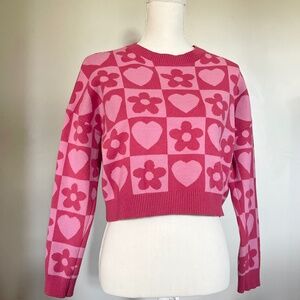 Pink two tone patchwork heart flower dark light sweater